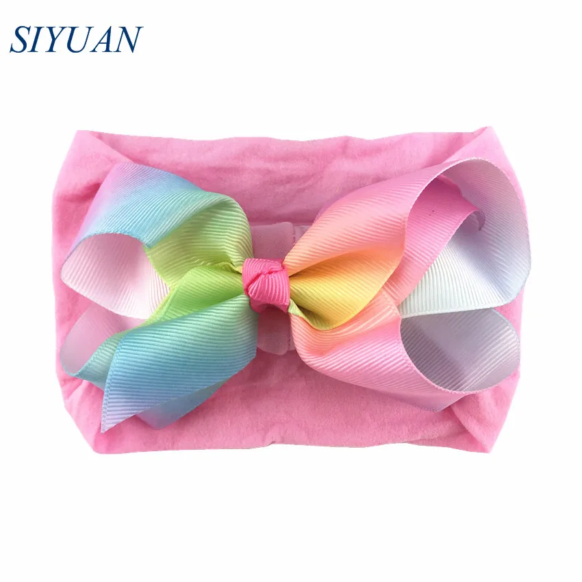 

1pcs/lot Soft Nylon Elastic Headband with 4.6 inch Grosgrain Ribbon Hair Bow Gradient Colors Girl Lovely Headwear HB089