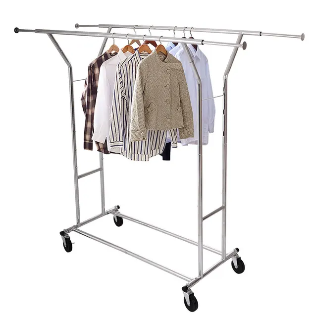Portable Double Bar Steel Clothes Hanger Stand Trolley Type Portable Double Bar Steel Clothes Hanger Stand Trolley Type Drying Rack Moveable Clothing