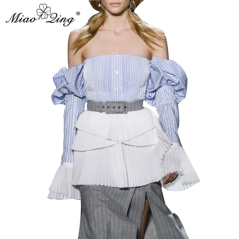 

MIAOQING Anoff-the-shouldersexyblousewithdiagonalcollarandflaredsleevesstitchedtogetherincontrasting stripesforspring2019