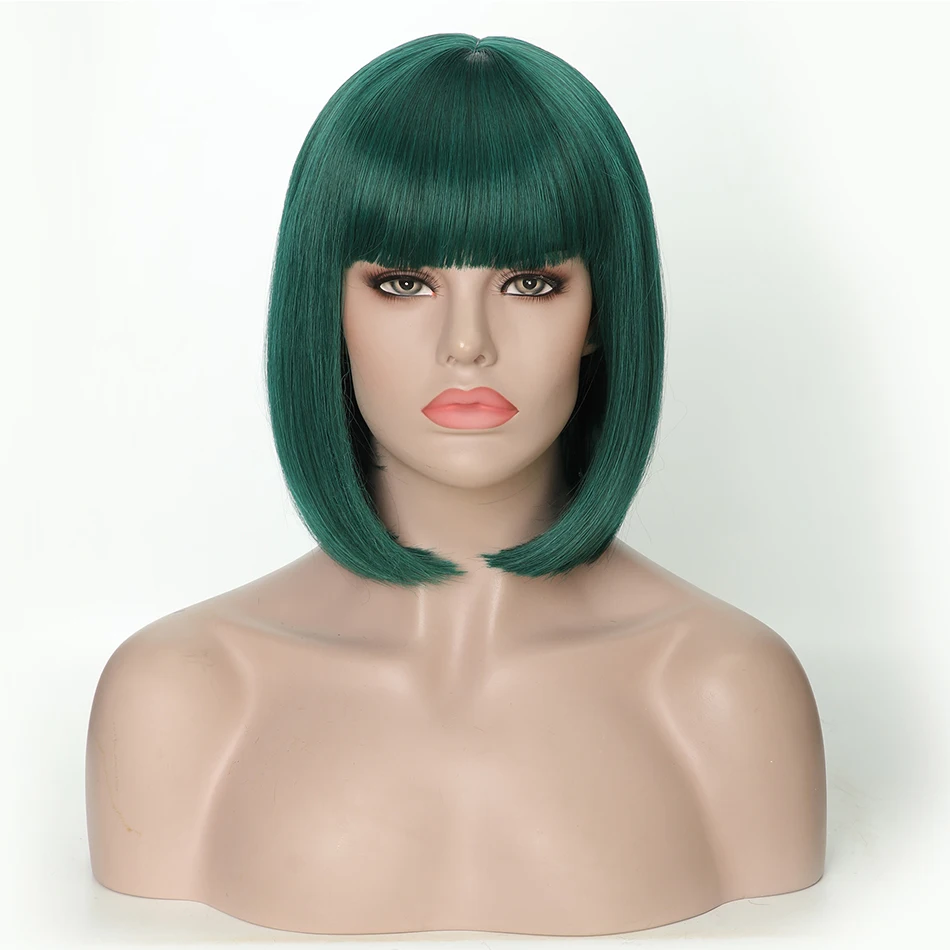 Rosa Star Short Straight Bob Wigs With Bangs For Women Synthetic Heat Resistant Cosplay Costume Wig 15 Color - Цвет: Lake Green