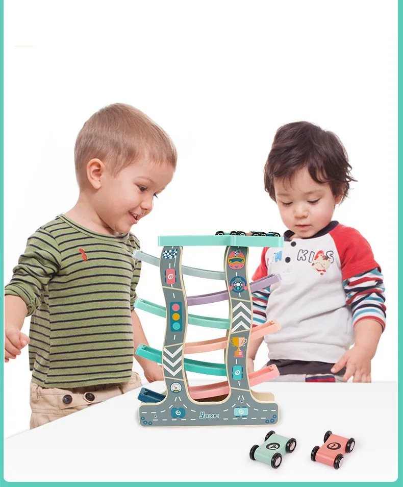 Upgraded Wooden Muticolor Skyscraper Track Toy Car Educational Inertia Gliding Slide For Children Parent-child Interactive Toys