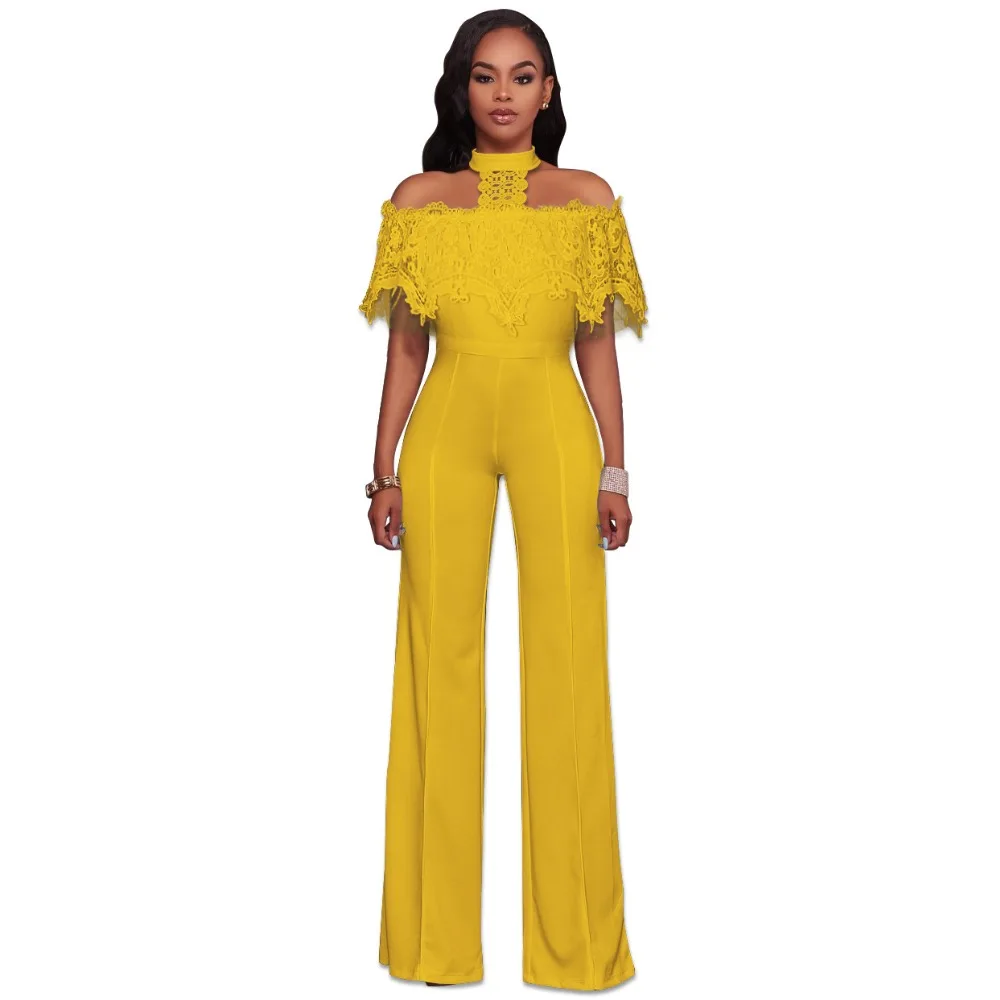 Elegant Solid Appliques Jumpsuit Women Vintage Halter Off Shoulder