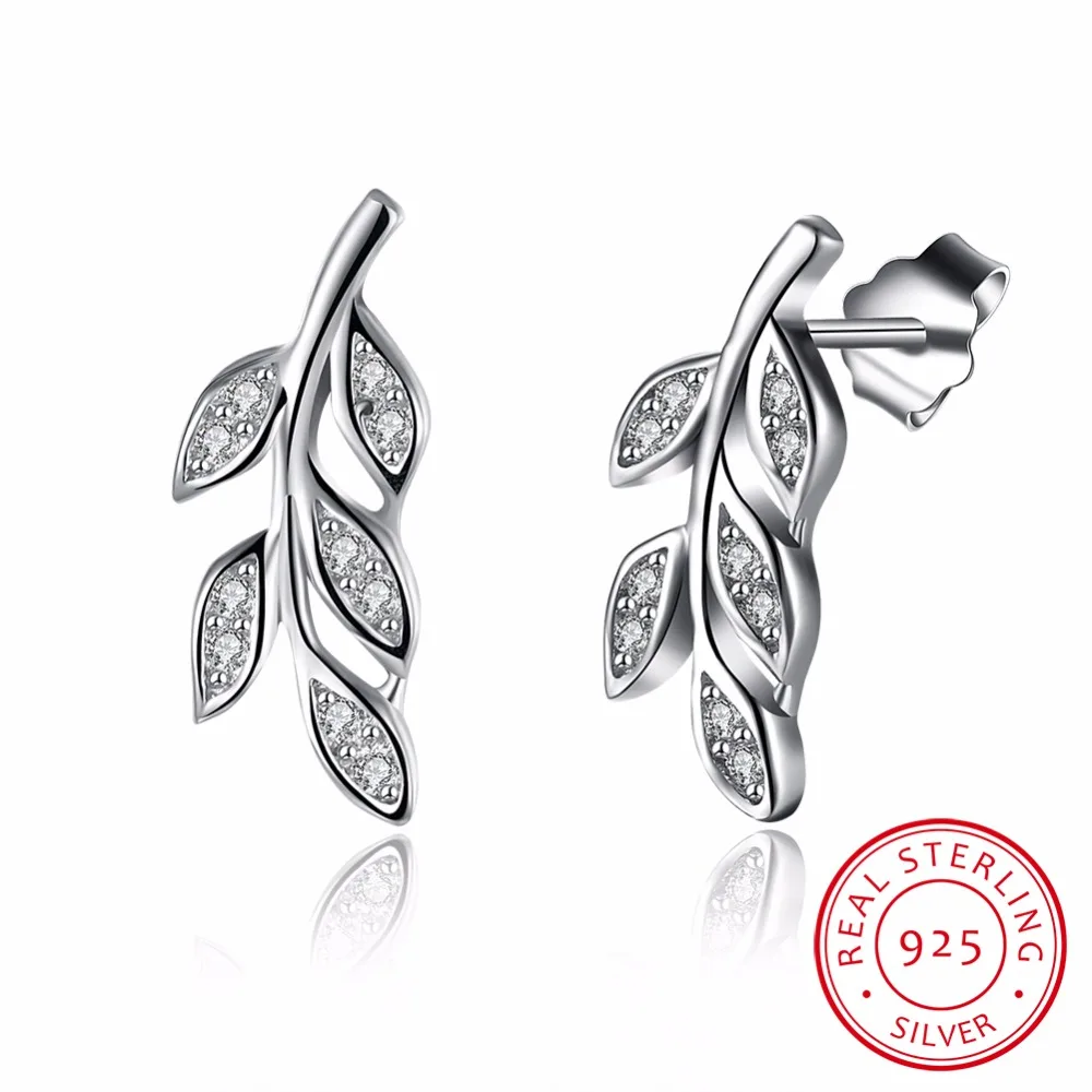 

100% Real 925 Sterling Silver Olive Branches Leaves Stud Earrings with AAA Zircon Women Fine Jewelry Christmas Gifts Fashion