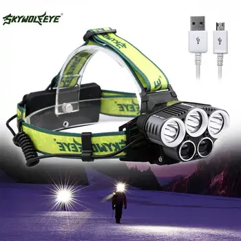 

SKYWOLFEYE LED Headlamp Headlight T6 5X Rechargeable Ultra Bright 18650 Battery & 2 LED Blue Light+ USB Cable Free Shipping