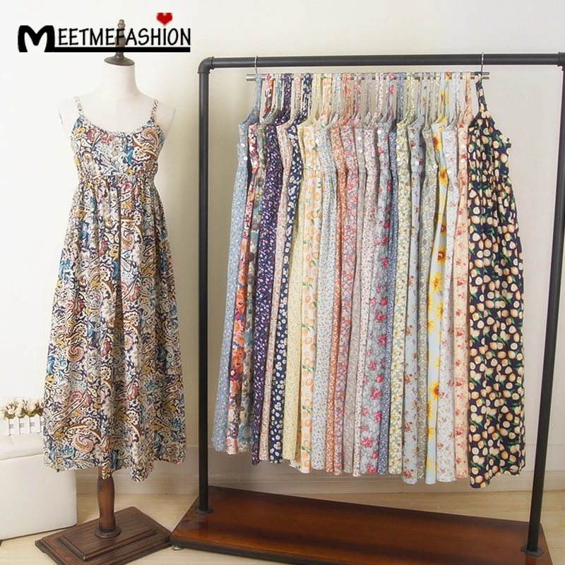 

2018 100% Cotton Summer Mori Girl Dress Women Vintage Beach Spaghetti Strap Summer Vestidos Floral Print Maxi Long Dress