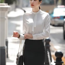 Модные женские деловые костюмы с юбкой из 2 предметов и набор блузок, офисные женские белые топы с длинными рукавами