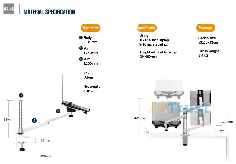 OA-1S Регулируемая по высоте двойная подставка для ноутбука/планшета алюминиевый вращающийся держатель для 10-15,6 дюймовых ноутбуков и 9-10 дюймовых планшетов