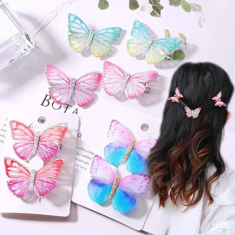 Seaside Colorful Graceful Crystal Dream Butterfly Girls Wedding Girls Candy Color Cartoon Hairpin Hair Clips 2PCS 9 Colors