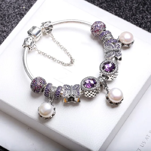 Elegant Pearl Bracelet Pandora Jewelry 925 Sterling Silver Purple Elegant Pearl Bracelet Pandora Jewelry 925 Sterling Silver Purple European Pave Ball Radiant Hearts Charm Beads