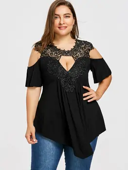 

Wipalo Women Summer Casual Half Sleeves Lace Black Long Tops Plus Size Keyhole Neck Cold Shoulder T-Shirt Women T-Shirts 5XL