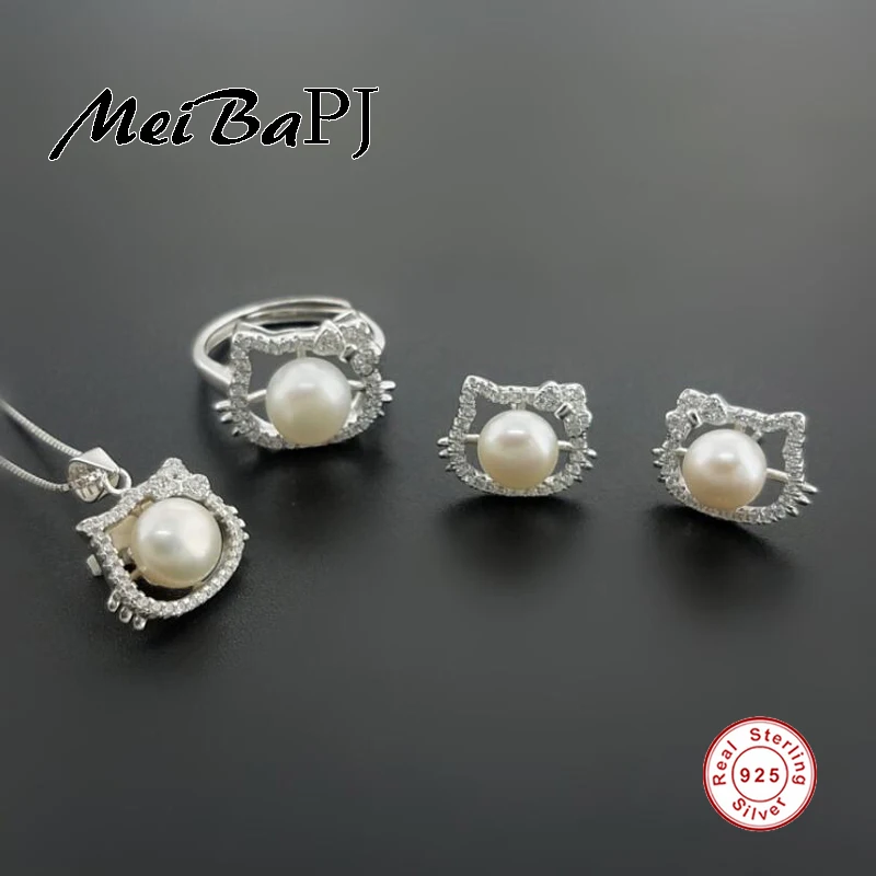 

[MeiBaPJ]Fashion Personality Simple AAA Zircon Hello Kitty Set 925 Silver Earrings & Necklace & Ring Fine Jewelry Sets For Women