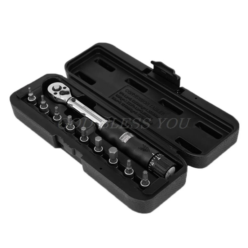

1/4 inch 2-14Nm Drive Click Torque Wrench Hand Spanner + 9 Socket Bits + Box Set Bike Bicycle Tool