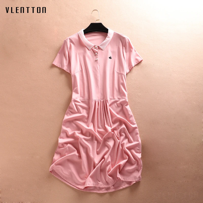 

High quality Summer Pink Pearls Embroidery Plus Size Midi Dress Women Solid Short Sleeve Casual Pleated A-Line Dresses Vestidos