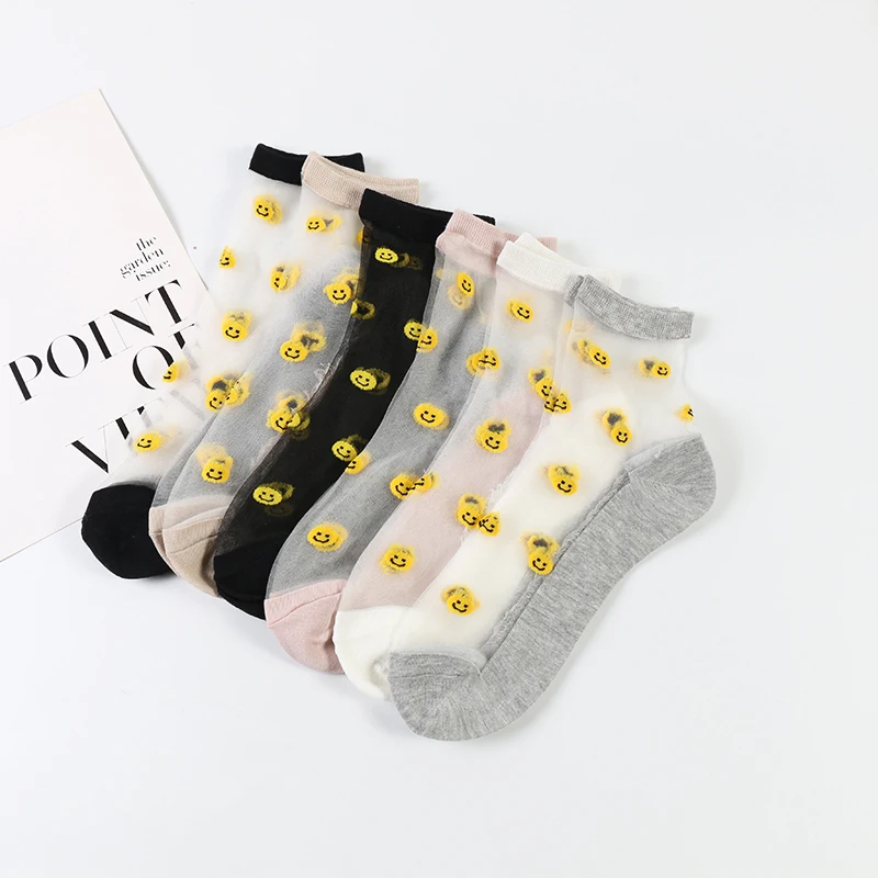 DONG AI, 6 пар, летние модные прозрачные женские носки из стекла и шелка, хлопковые носки со смайликом