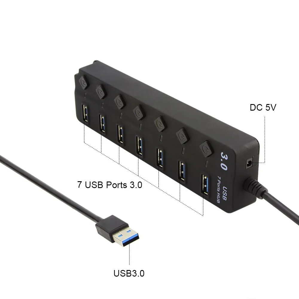 USB chyi 3,0 хаб USB-A до 7 порты USB концентраторы с DC 5 В/2A питание светодиодный ON/OFF переключатель USB 3,0 сплиттер адаптер для портативных ПК