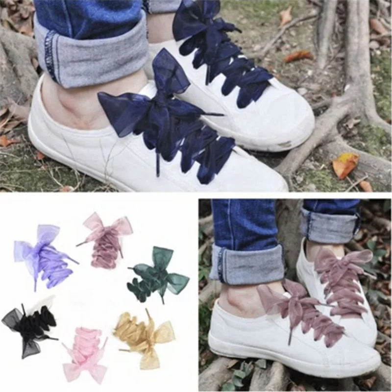 1Pair Cute Fashion Flat Silk Ribbon Shoelaces Shoe Laces Sneaker Sport Shoes Lace One Pair Drop Shipping 104CM