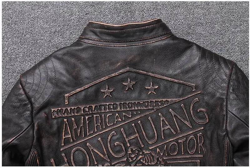 Винтажная коричневая Мужская облегающая Байкерская кожаная куртка размера плюс XXXL из натуральной толстой воловьей кожи мотоциклетная кожаная куртка