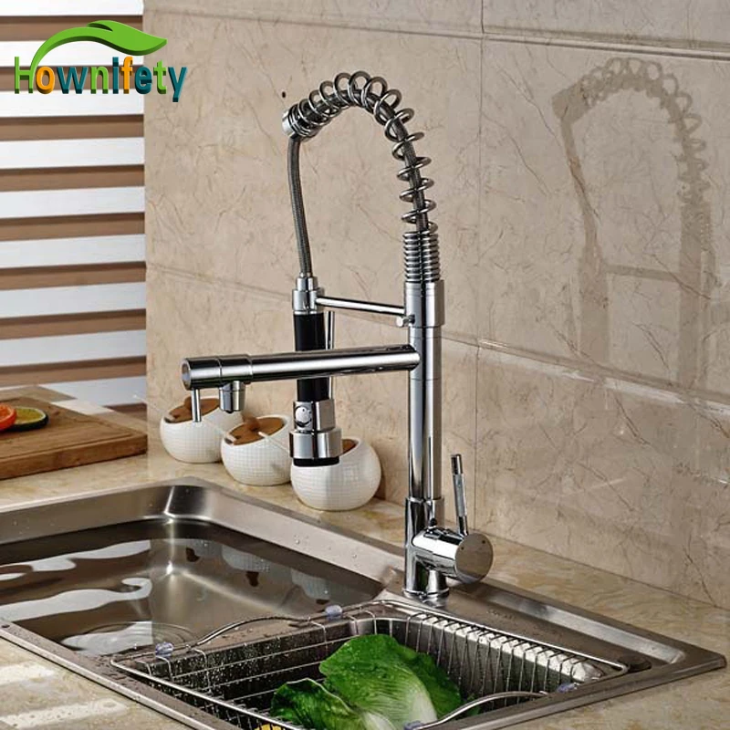 

Contemporary Bright Chrome Kitchen Spring Mixer Faucet Dual Water Spout Swive Pull Down Cold Hot Water Tap
