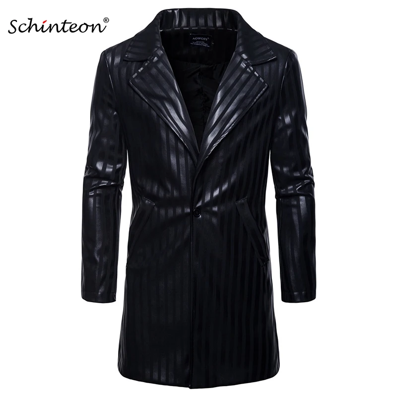 

Schinteon New PU Leather Jacket Casual Outwear Single Button Stripe Long Turn-down Collar Long Trench Coat Black Slim