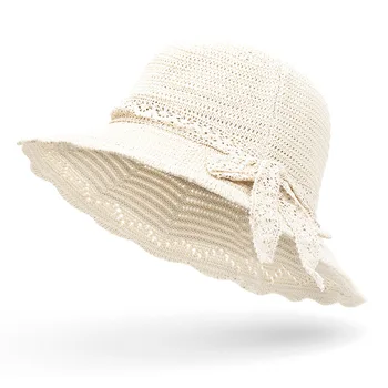 

Women's Folding Knit Sun Hat with Hollow pattern Lace bow-knot Wide brim Sunscreen Summer Floppy Fedoras Beach Portable Crochet