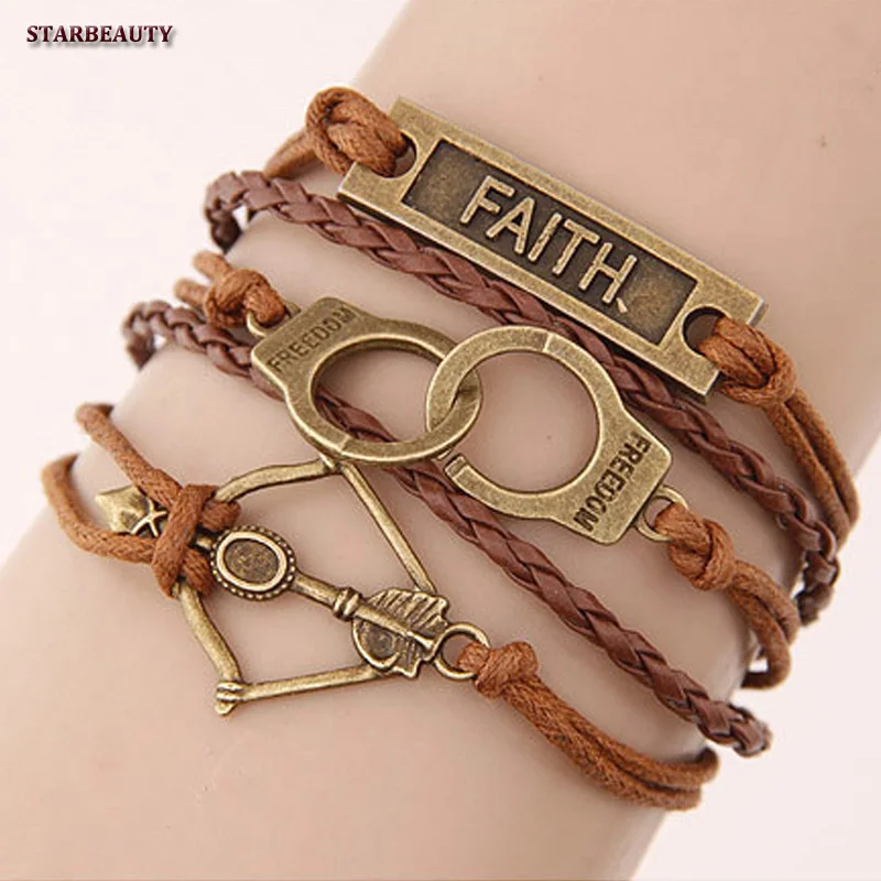 FREEDOM Handcuff Leather Bracelet Arrow FAITH, 5 sos Multi layer Bracelets for Women Bracelete