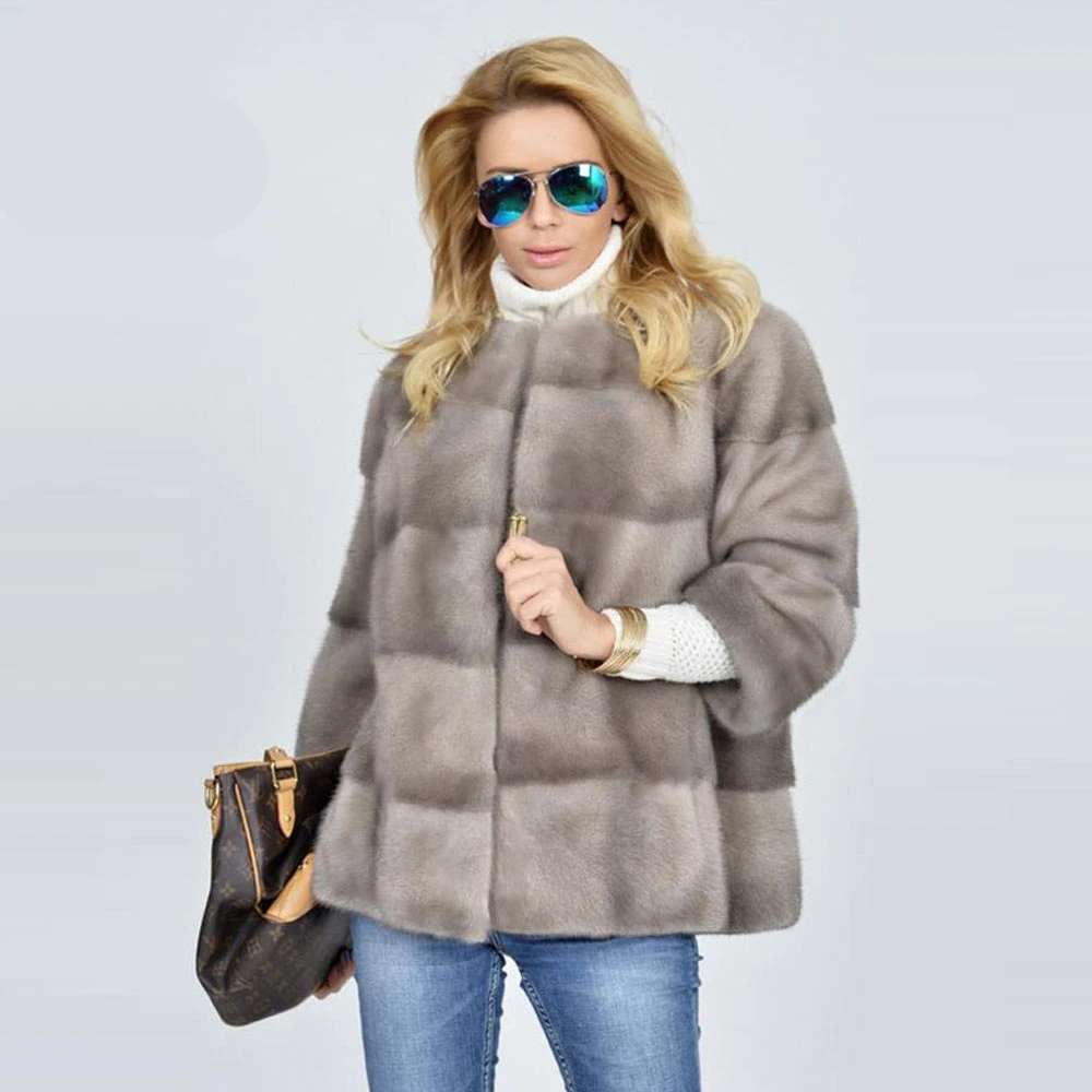 TOPFUR Winter Real Mink Fur Coat Women Natural Mink Fur Thick Warm O-Neck Three Quarter Sleeves Standard Regular Coat Women - Цвет: AS PIC