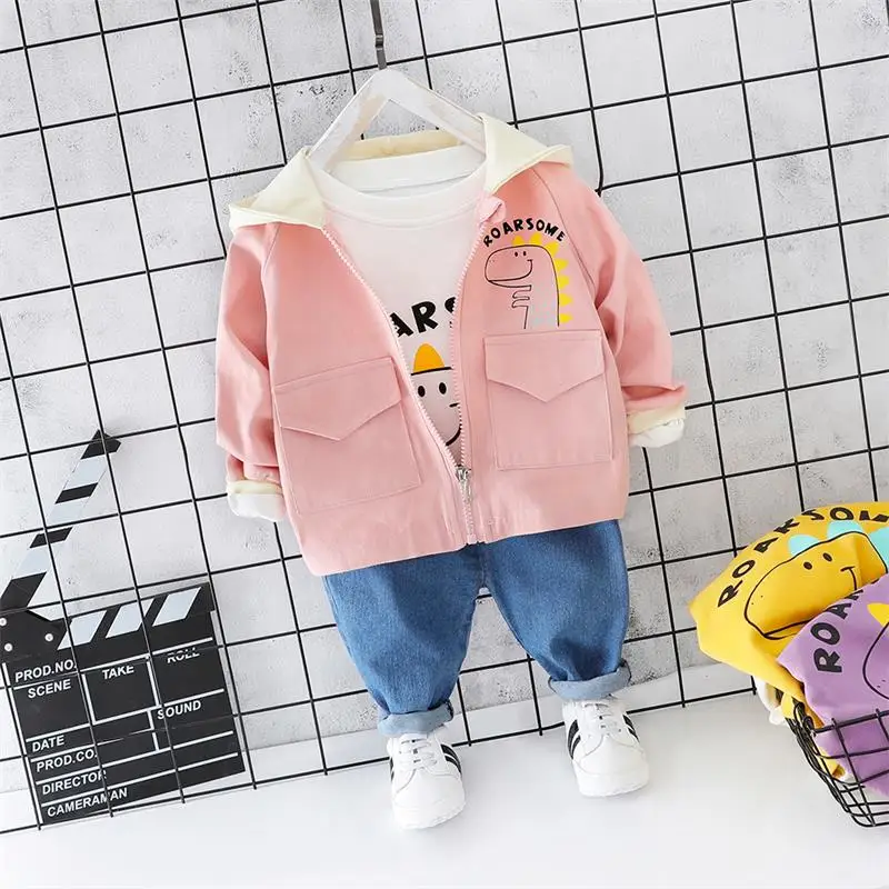 Комплекты одежды для малышей Осенние костюмы для маленьких девочек пальто с капюшоном и рисунком футболка и штаны Детский костюм