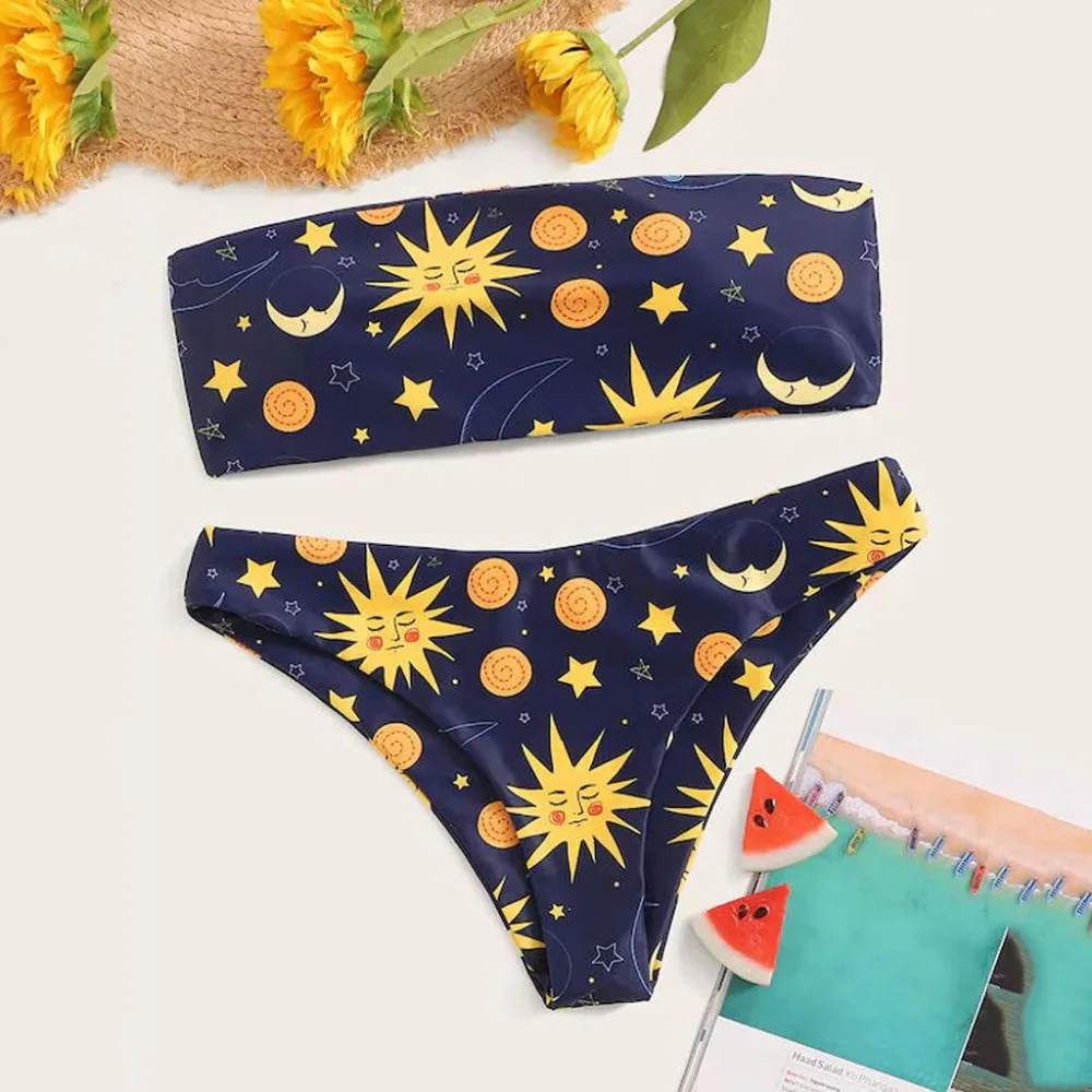 

Bikini Set Women Star Moon Sun Print Tube top Sexy Split Swimsuit Beachwear sexy bathing suit women maillot de bain 35#