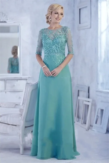 

2016 Elegant Half Sleeve Chiffon Mother of the bride dresses plus size A-Line O-Neck Beaded Formal Dresses Vestido mae da noiva