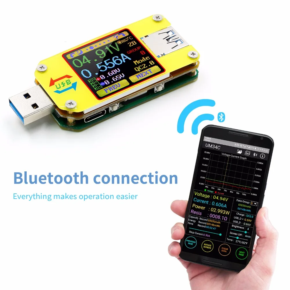 UM34 UM34C for APP USB 3.0 Type-C DC Voltmeter ammeter voltage current meter battery charge measure cable resistance Tester