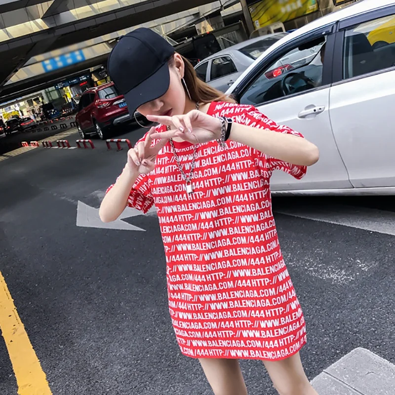 Женская новая мода с буквенным принтом длинная свободная футболка с коротким рукавом с круглым вырезом уличная топы хлопок + Vinylon футболки