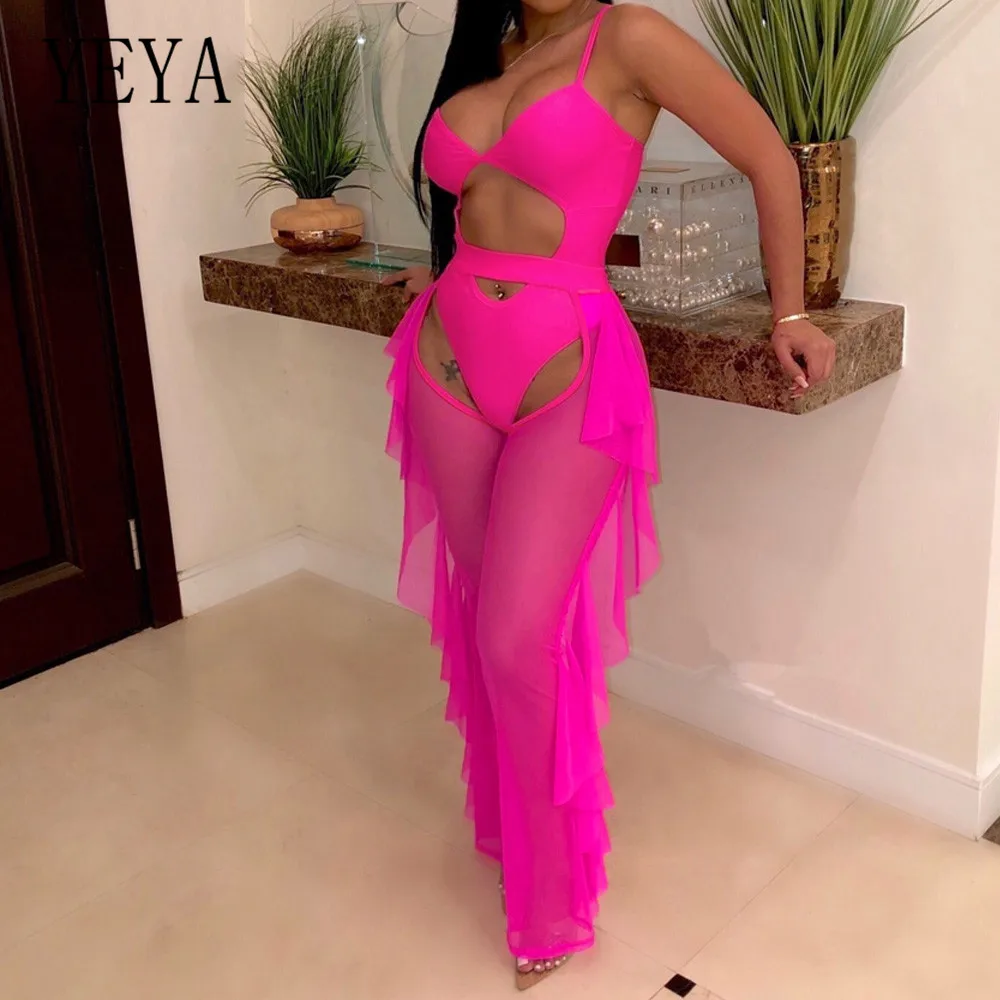 YEYA 2 Pieces Sets See Through Mesh Jumpsuits Sexy Hollow Out Ruffles Bodysuits Women Sleeveless Off Shoulder Elegant Overalls YEYA 2 Pieces Sets See Through Mesh Jumpsuits Sexy Hollow Out Ruffles Bodysuits Women Sleeveless Off Shoulder Elegant Overalls