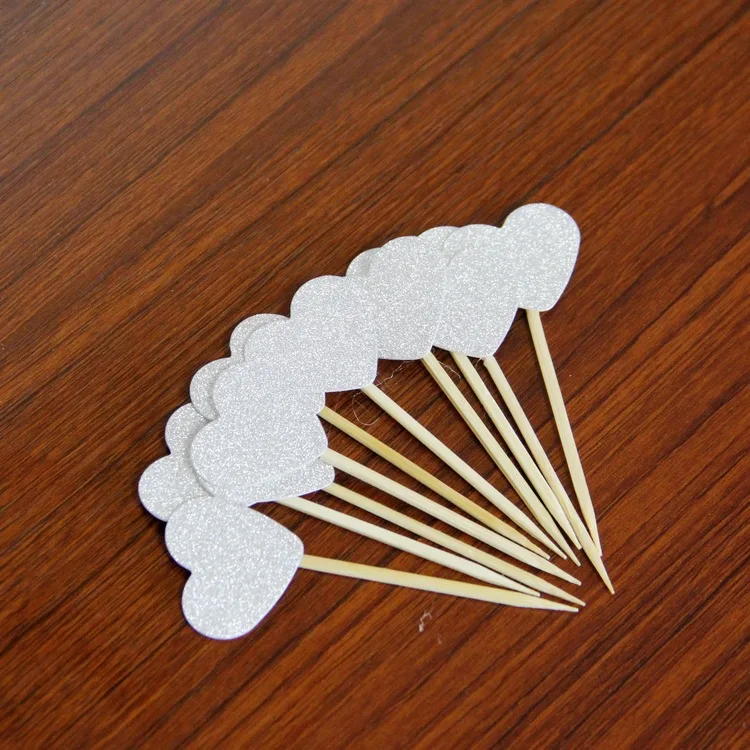 

10pcs Lovely Heart Birthday Decorations Cupcake Toppers Picks Kids Party Decor Baby Shower Paper Glitter Cup Cake Topper Wthite