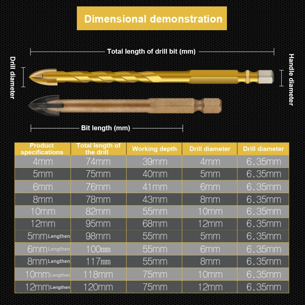 Титановое сверло с шестигранным хвостовиком, твердосплавная плитка, стекло, крестовая головка, инструмент для бурения с 4 режущими кромками, 5 мм, 6 мм, 8 мм, 10 мм, 12 мм