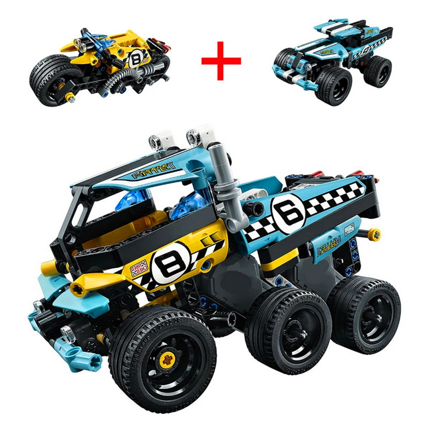 2 In 1 Technic Stunt Bike Warrior Off-Roader Racer Car Truck Model Building Block Toys KAZI Gift For Children Compatible Legoe 384pcs building block toys 2 in 1 transformation robot truck kazi 8023 diy figure brinquedos gift for children compatible legoe