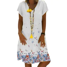 Женское платье большого размера плюс 5XL, цветочный принт, v-образный вырез, повседневное летнее платье, свободное ТРАПЕЦИЕВИДНОЕ Длинное Платье До Колена, женский сарафан