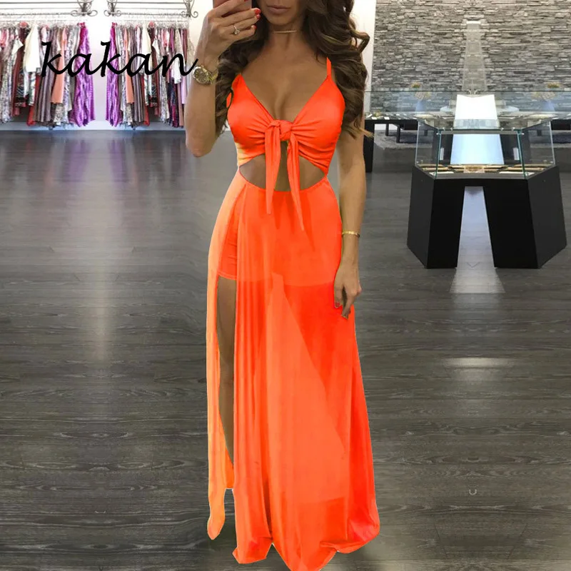 

Kakan summer new women's dress mesh patchwork chest knotted dress bows a variety of wearing method