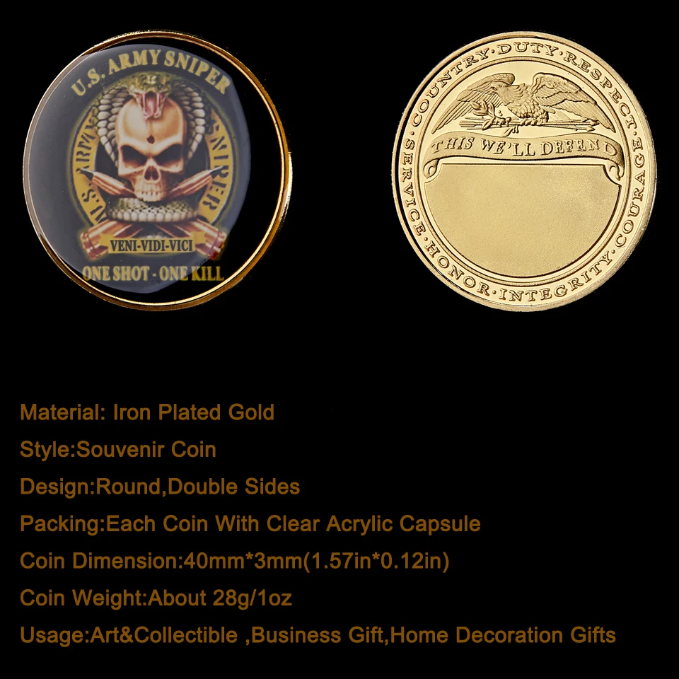 Американский сувенир позолоченный монета армии США Снайпер один снимать один убить American Eagle на военную тематику для монет