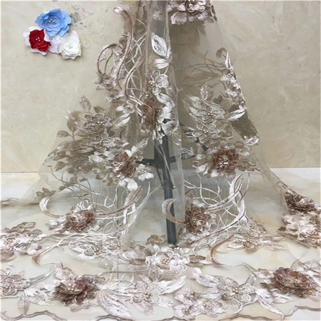 LadyQ New Applique Beads African Lace Fabric 3D Flower with Embroidery Sequence White French Tulle Lace Fabric for Wedding Dress GZ010 Green