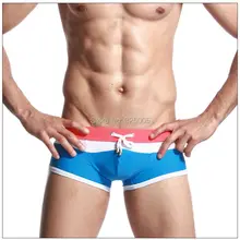 Новейшие Сексуальные мужские плавки мужские белые/синие/красные лоскутный купальник широкие полосы плавки мужские полосатые шорты для плавания