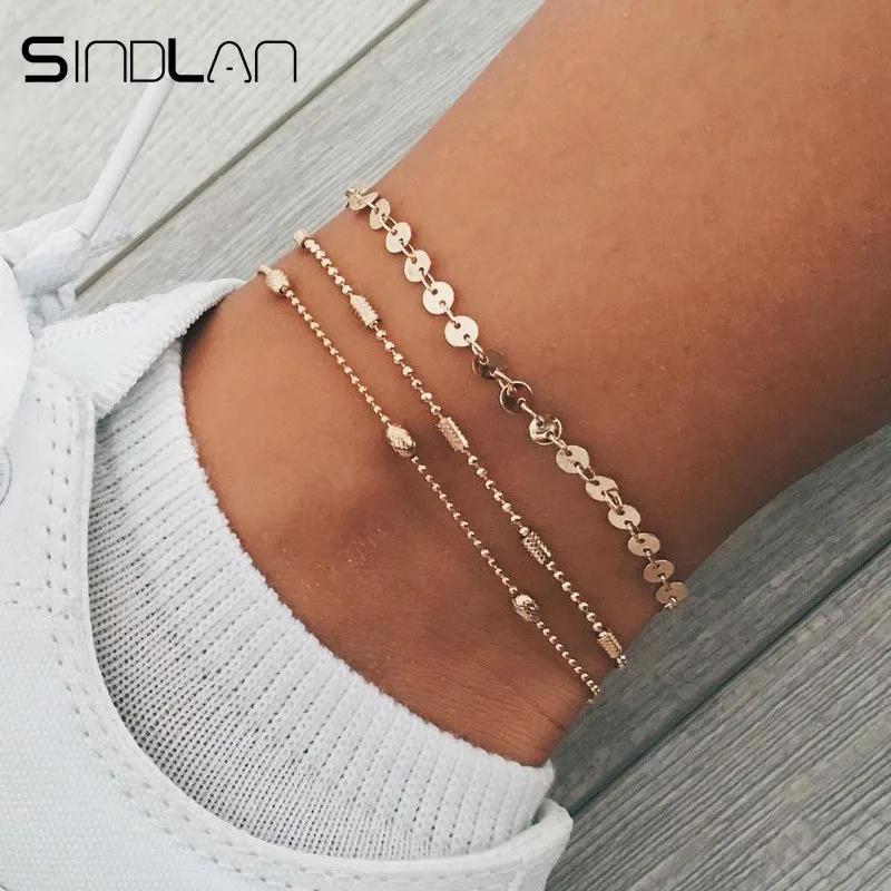 

Sindlan 3PCs Shining Beads Anklets Foot Bracelets Set Gold Summer Ankle Chain Anklets for Women Leg Sandal Barefoot Jewelry