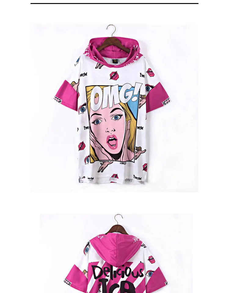 Тренд-сеттер Весна хип-хоп стиль мультфильм футболка женская с капюшоном топы девушка шаблон Футболка короткий рукав