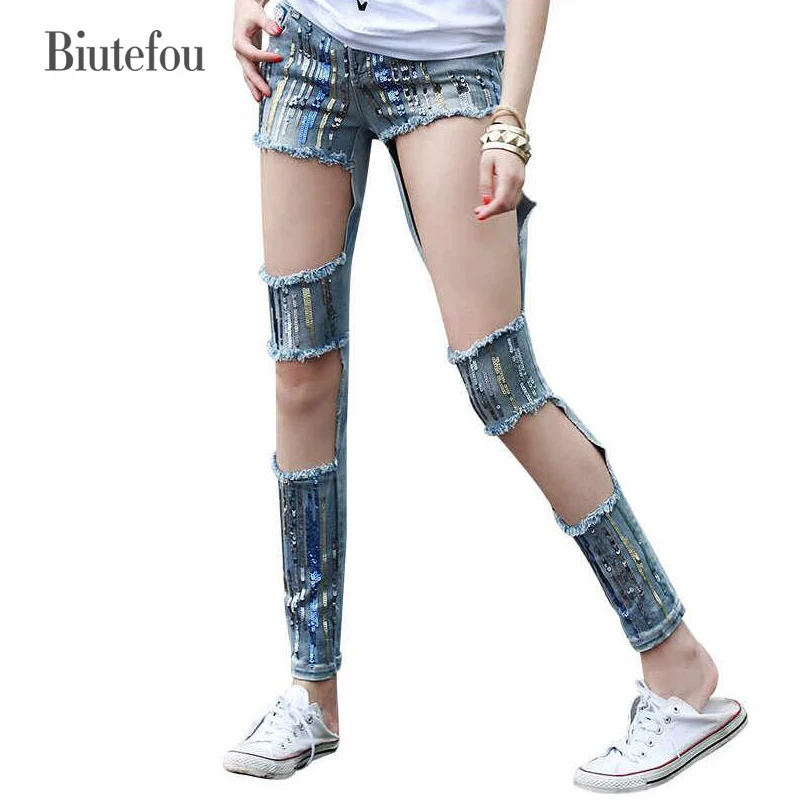 

2017 Spring Summer Embroidery large hole streetwear Personality fashion women jeans Sequins hollow out Rhinestones Denim jeans