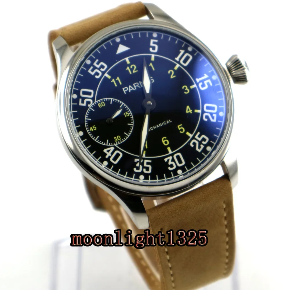 

44mm Parnis men's watch luminous steel case 6497 hand winding movement