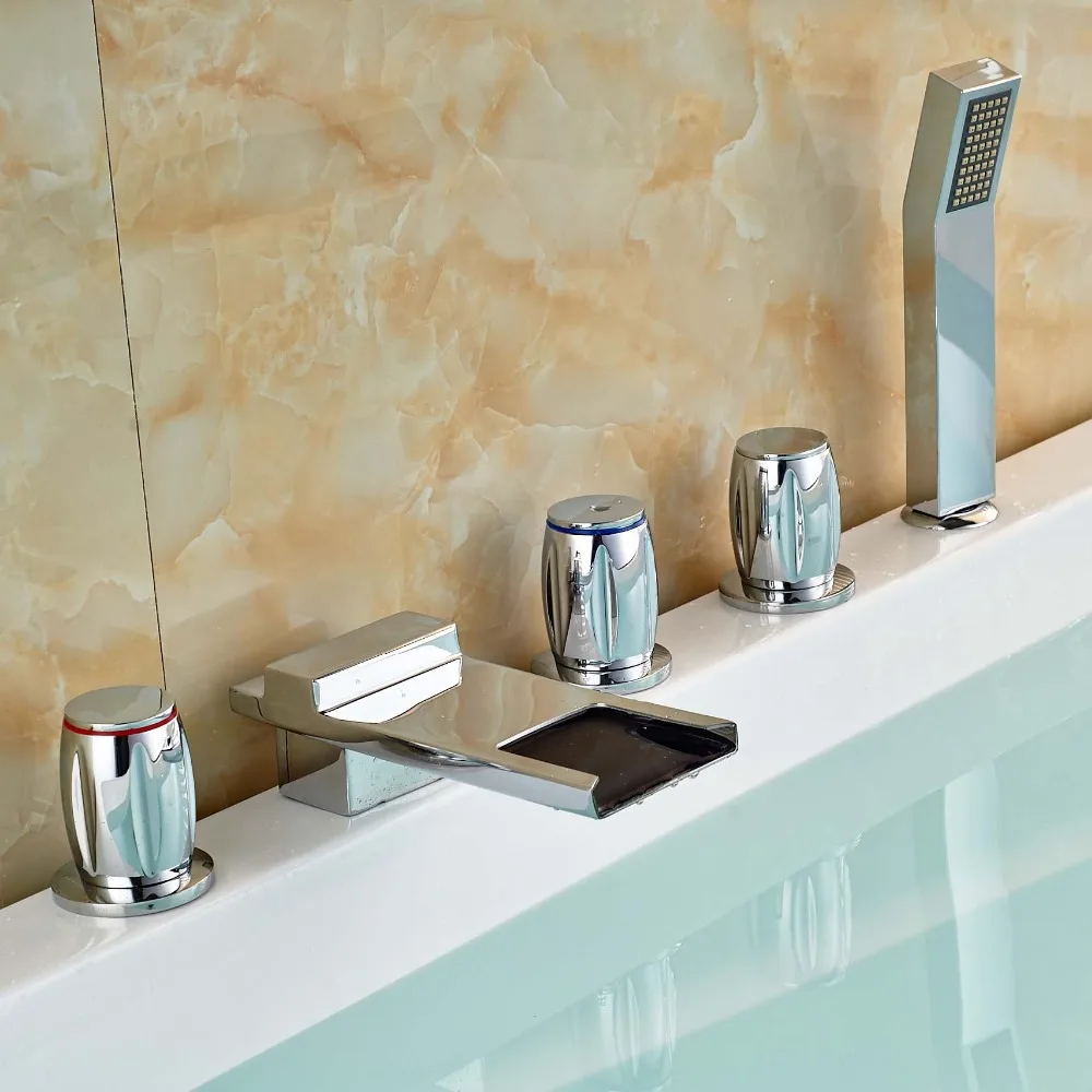 

Deck Mount Waterfall Spout Bathtub Faucet 5pcs with handshower Widespread Mixer Taps