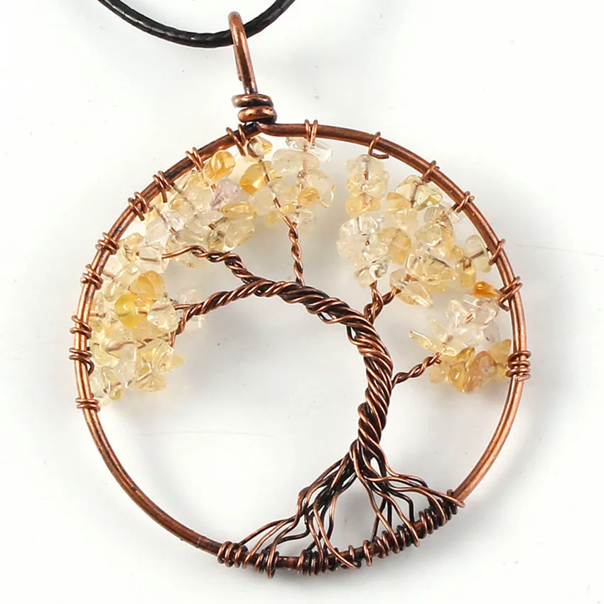 

100-Unique 1 Pcs Copper Plated Wire Wrapped Original Yellow Citrines Crystal Pendant Necklace Tree of Life Jewelry