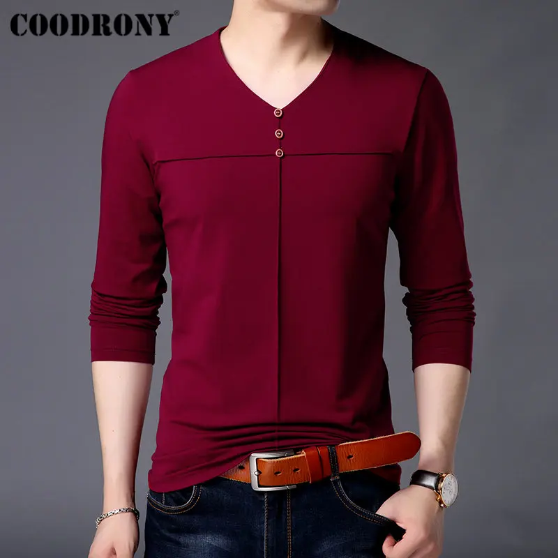 COODRONY футболка с длинным рукавом для мужчин Уличная футболка Новое поступление повседневная мужская футболка с воротником из хлопка Homme 95008 - Цвет: Красный
