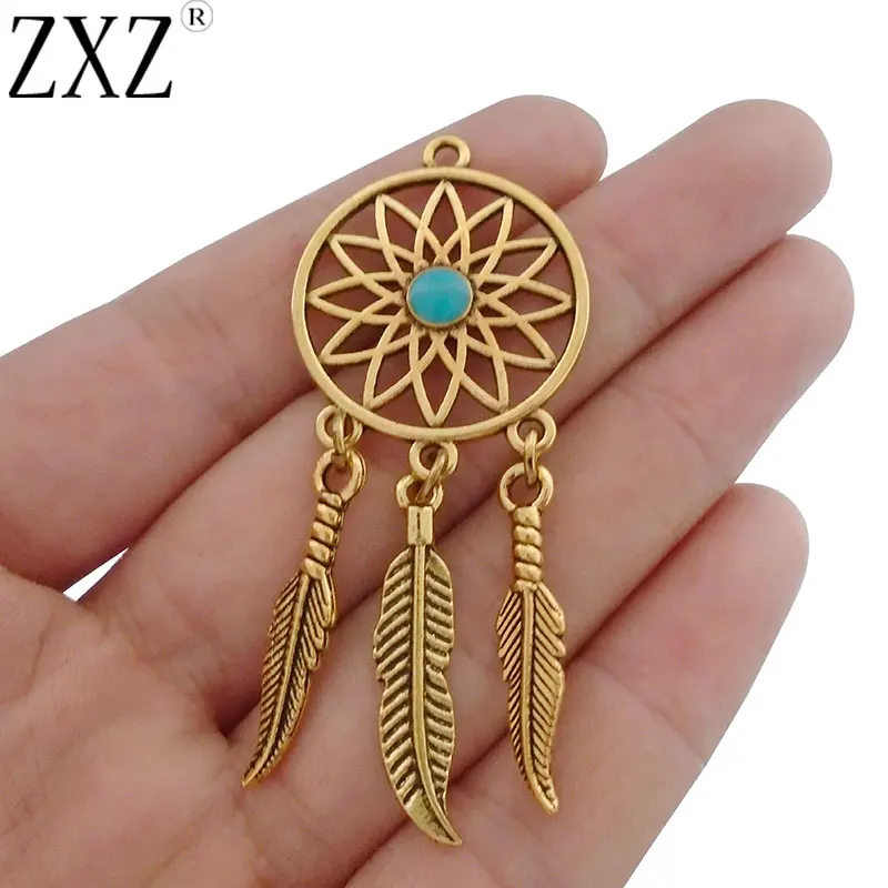

ZXZ 5pcs Antique Gold Feather Dream Catcher Charms Pendants for Necklace Jewelry Making Findings 65x27mm