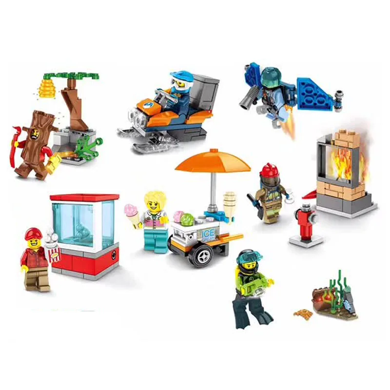 

8Pcs City Creator Vehicle Street View Series Firemen Policemen diver Figures Building Blocks Education Toys Christmas Gifts