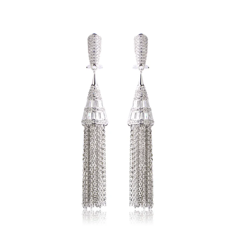 

Blucome Luxury Earrings Hanging Wedding Bridal Chandelier Zircon Rhinestone Copper Drop Tassel Brinco Party Women Fine Gifts ugi